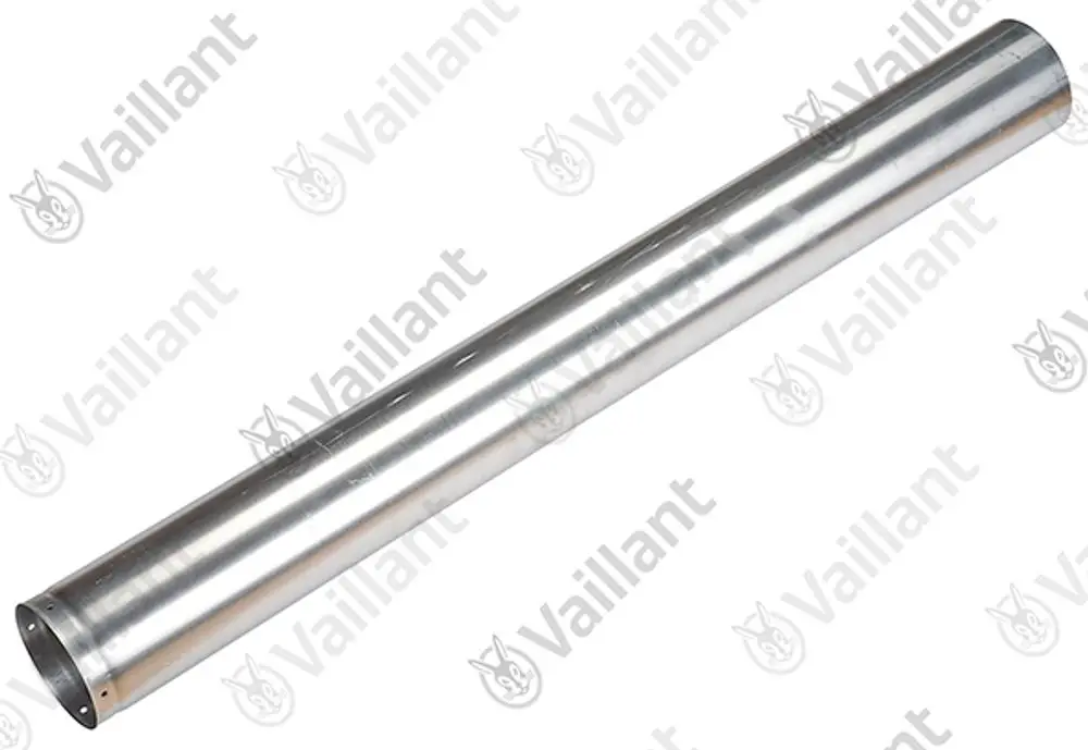 Vaillant Frischluftrohr in länglicher Form aus Metall, mit Öffnungen an einem Ende zur Befestigung, auf weißem Hintergrund.